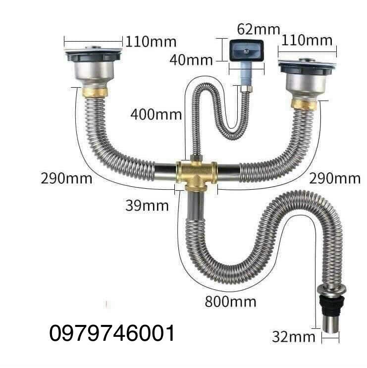 Thoát chậu rửa bát inox 2 hố đường kính hố thoát 90mm, miện cốc thoát 110mm