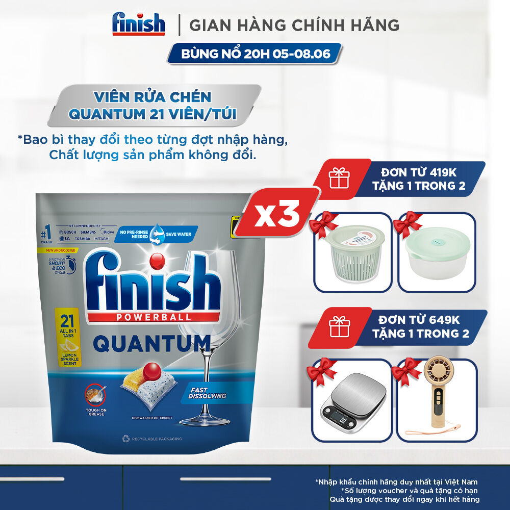 Combo 03 túi Viên Rửa Chén Bát Finish Powerball Quantum 21 viên