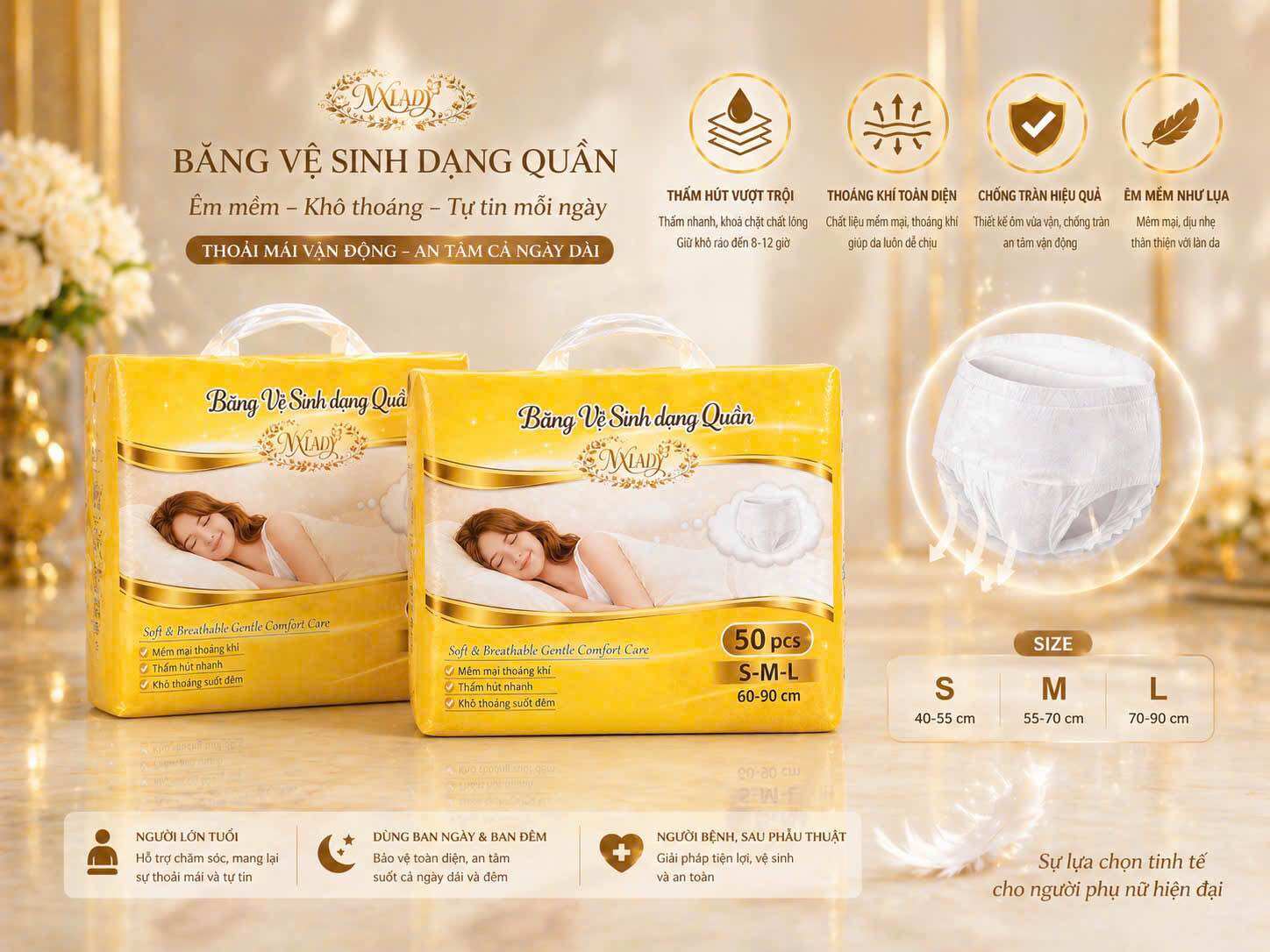50 miếng băng vệ sinh quần NX Lady size S-2XL từ 30-80kg