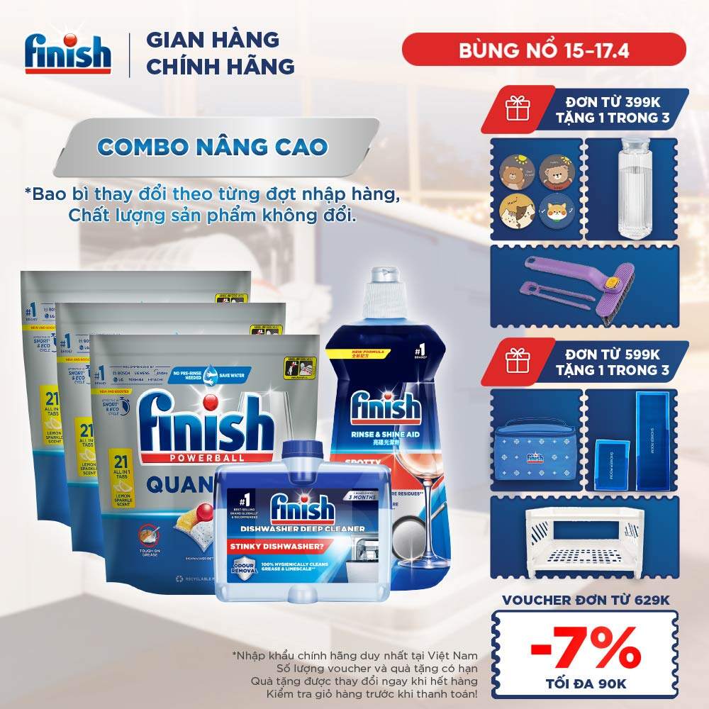 Combo Nâng Cao: 3 X Túi 21 Viên Nước Rửa Bát Powerball Quantum + Nước Làm Bóng Rinse  Shine Aid + Dung Dịch Tẩy Rửa Máy Rửa Chén Bát