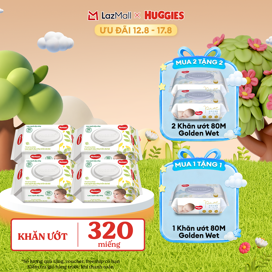 [12-17.08 GIẢM THÊM 90K] Combo 4 gói Khăn giấy ướt cho trẻ sơ sinh HUGGIES 80 miếng không mùi
