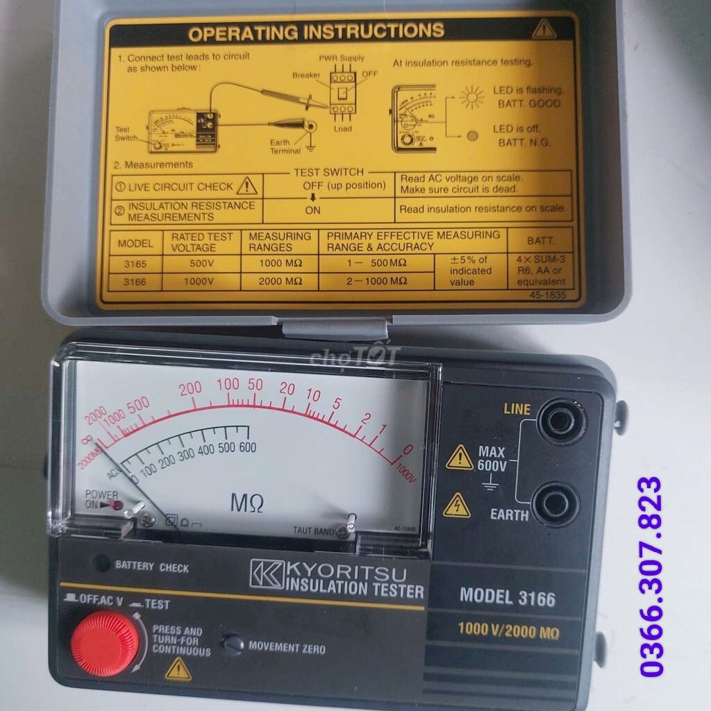 ĐỒNG HỒ ĐO ĐIỆN TRỞ CÁCH ĐIỆN KYORITSU 3166 (1000V/2000MΩ)