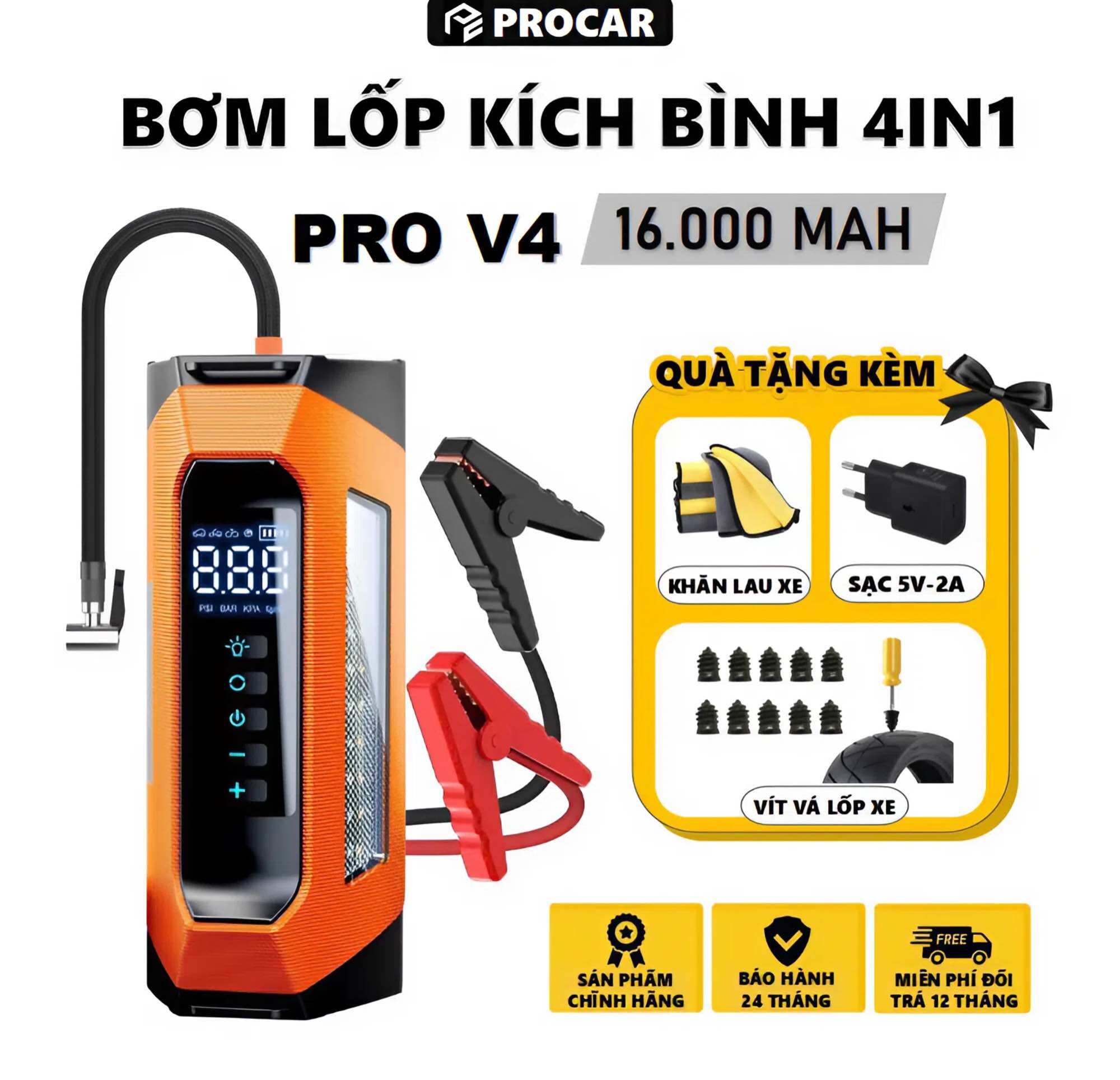 [Pro V4 16000Mah] Battery Charger with 12V 4in1 Car Tire Pump, Integrated Flashlight, Backup Charger. 24-Month Warranty Giá 1,690,000 Đồng*Miễn phí vận chuyển