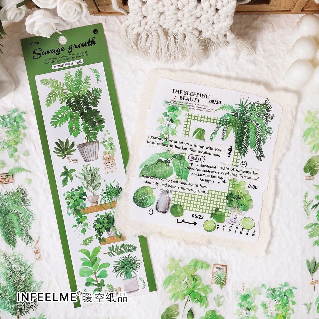 Set 6 tờ sticker hình hoa, lá , chậu cây, … dùng để trang trí. 