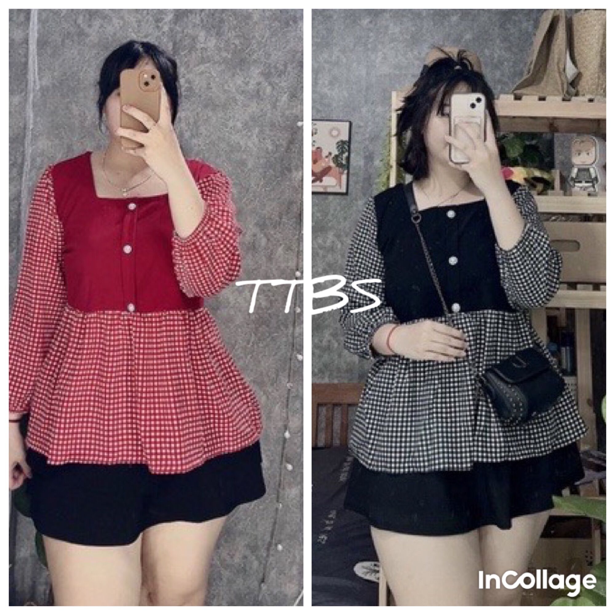 Áo babidoll phối caro dài tay bigsize nữ từ 60kg đến 95kg