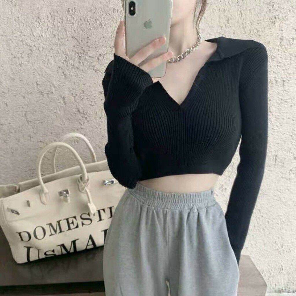 Áo croptop tay dài cột nơ sau lưng