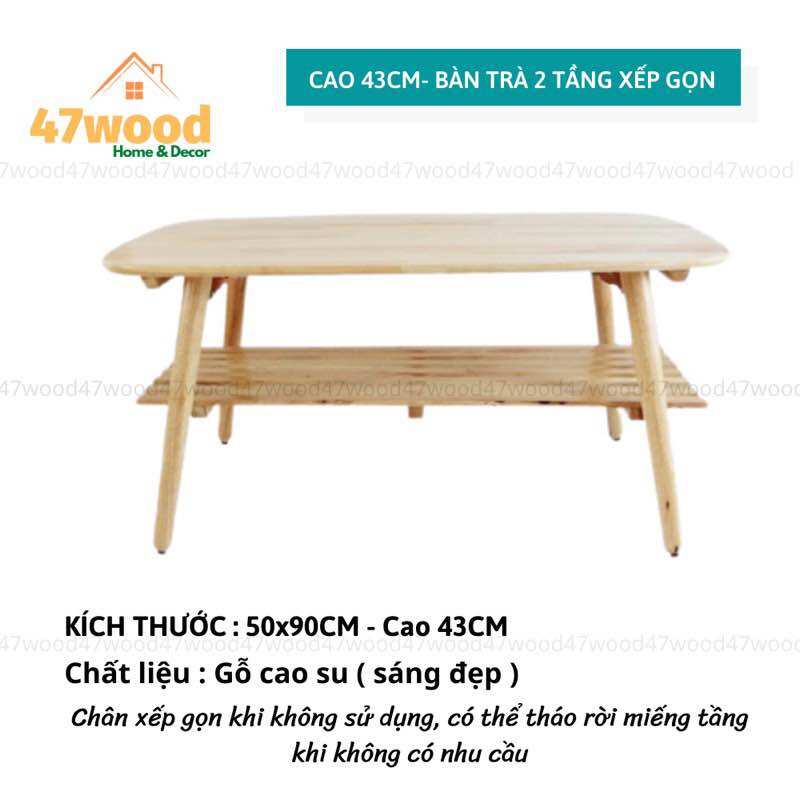 Bàn trà 2 tầng gỗ tự nhiên 50x90x43cm - bàn 2 tầng làm bàn sofa bàn ăn chân xếp gọn