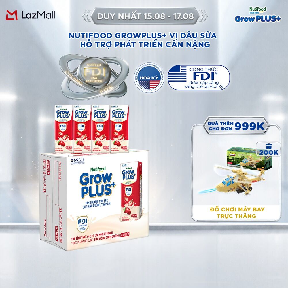 Thùng 24 hộp Sữa bột pha sẵn Nutifood GrowPLUS+ Vị Dâu Sữa hộp 180ml - Hỗ trợ phát triển cân nặng (24 hộp x 180ml)