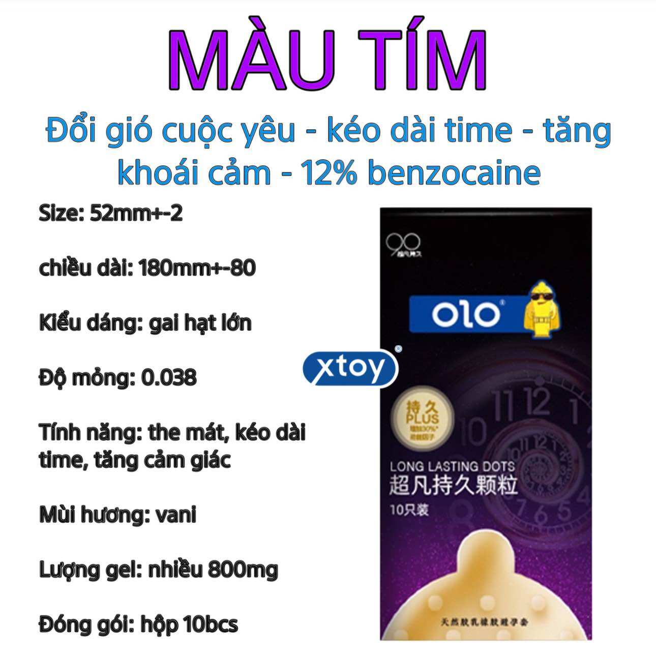 Bao Cao Su OLO  LONG LASTING DOTS 001 Tím Siêu Mỏng - Kéo Dài Time - Gốc Nước - Hộp 10 Bcs