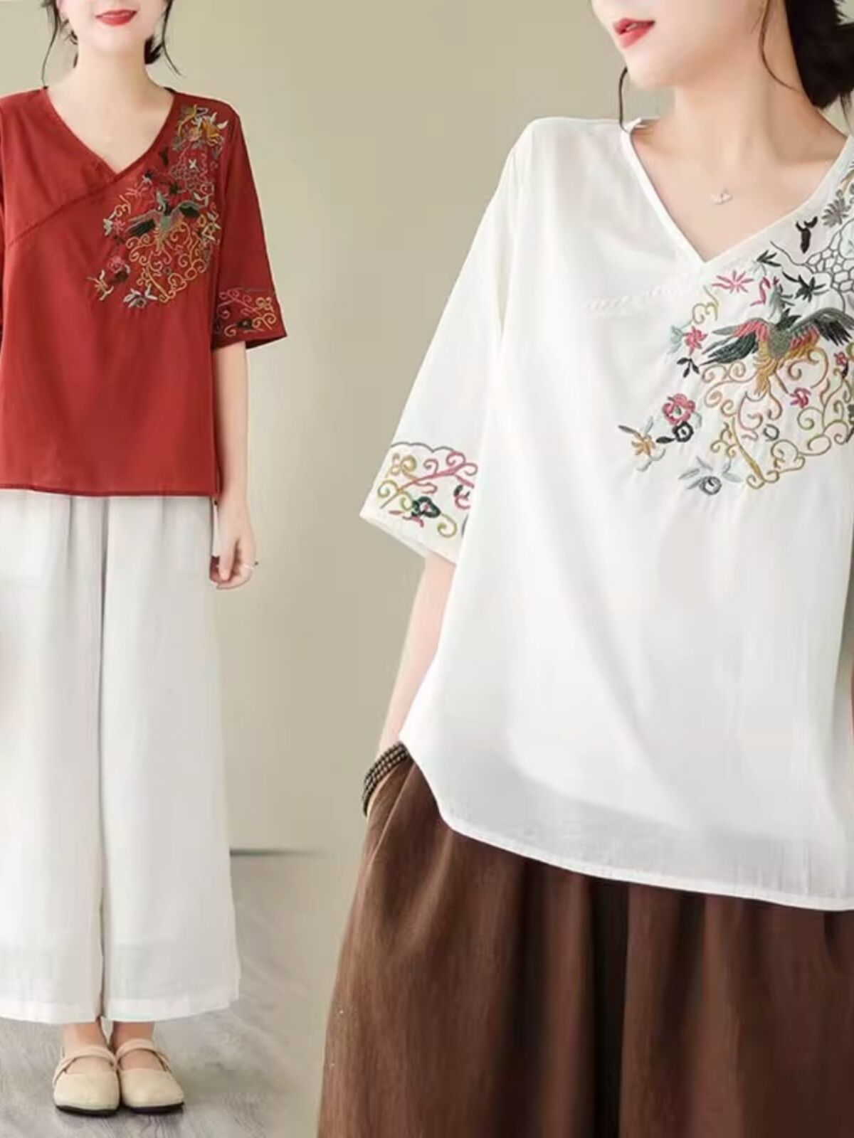 Áo Cho Cô Nàng Mập Lanh Dáng Rộng Thêu Hoa Áo Phông Cộc Tay Cỡ To Nghệ Thuật Có Nút Cổ Điển Mùa Hè T