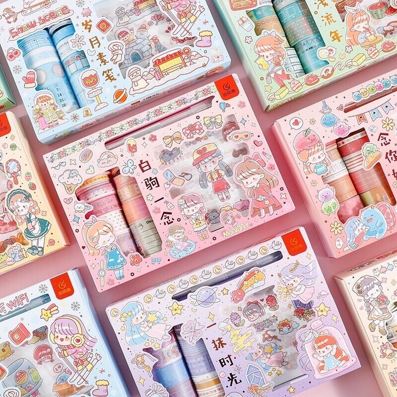 Set sticker và washi tape kèm dao trổ cute/ combo bullet journal nhiều màu sẵc