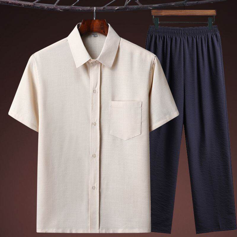 Bộ Áo Sơ Mi Nửa Tay Nam Cotton, Vải Bông Vải Lanh Thời Trang Mùa Hè Giữa Tuổi Và Tuổi Thoải Mái Kinh Doanh Rộng Rãi Quần Áo Fit Grandpa Size Plus