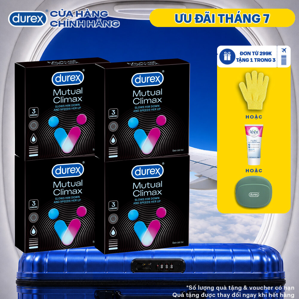 [SẢN PHẨM MỚI] Bộ 4 bao cao su Durex Mutual Climax kéo dài thời gian và gân gai, size 52.5 mm, hộp 3 bao