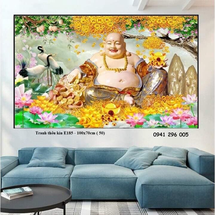 (Tặng kéo)Tranh thêu kín Phật Di Lặc Ngũ Phúc ( tranh chưa thêu)