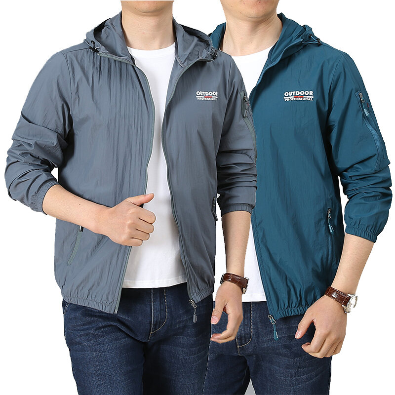 Áo Chống Nắng Áo Jacket Cardigan Liền Mũ Dài Vừa Rộng Rãi Xanh Denim Khóa Kéo Dài Tay Cho Nam Mặc Ngoài Mùa Hè Thoáng Khí Kiểu Mỏng