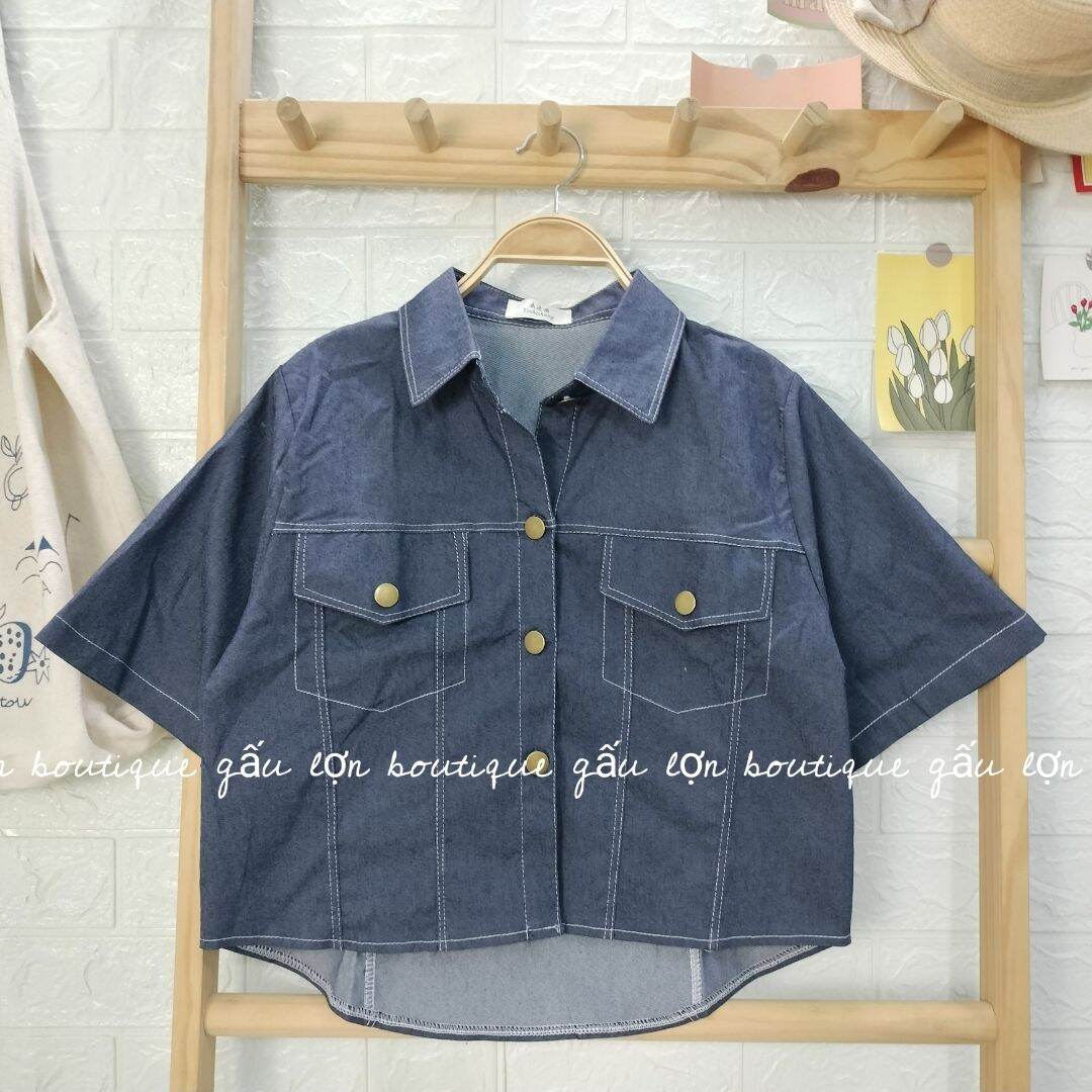 áo sơ mi jean cộc tay chỉ nổi hàn quốc