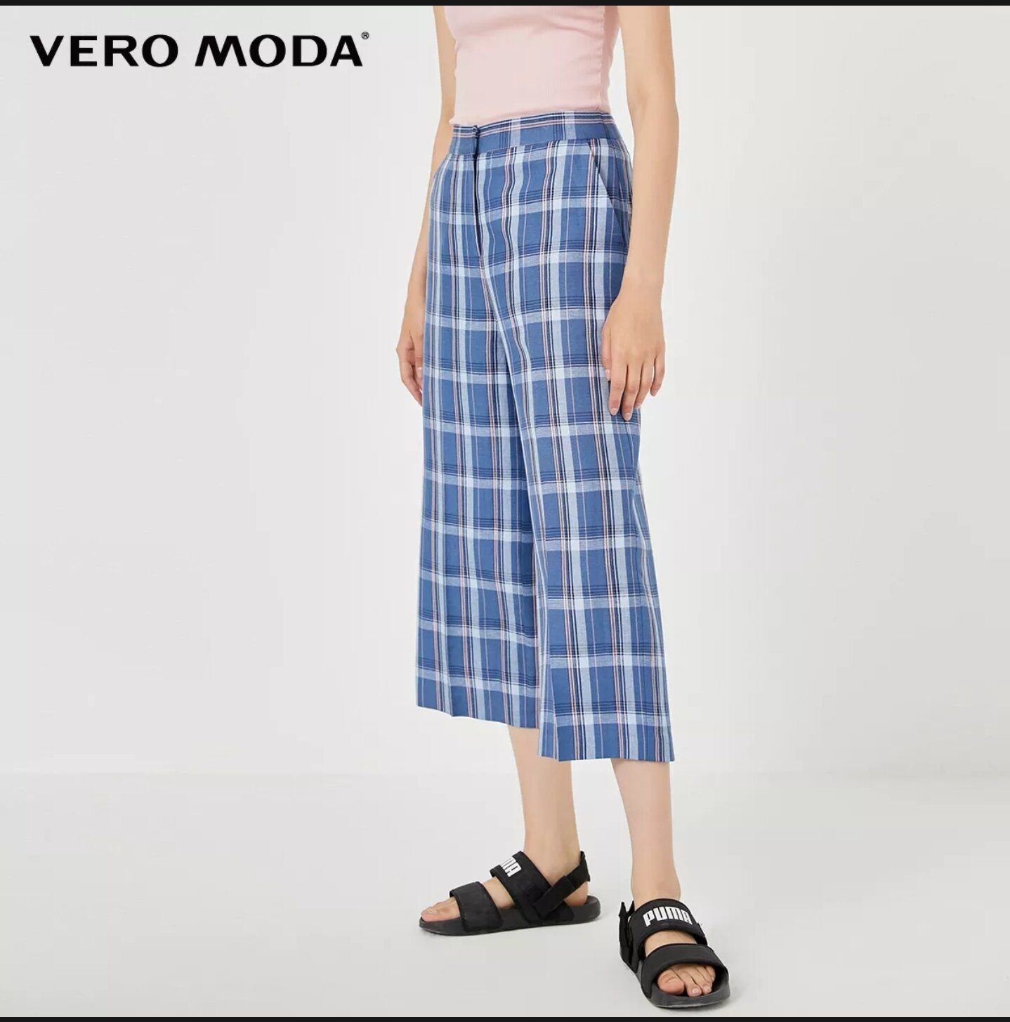 Vero moda - quần lửng vải lanh cạp vừa kẻ ca rô cho nữ