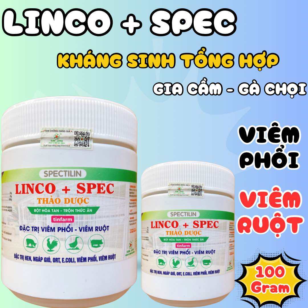 Linco + spec trị viêm ruột, khô chân teo lườn, biếng ăn, chậm lớn còi cọc gia súc gia cầm lon 100gra