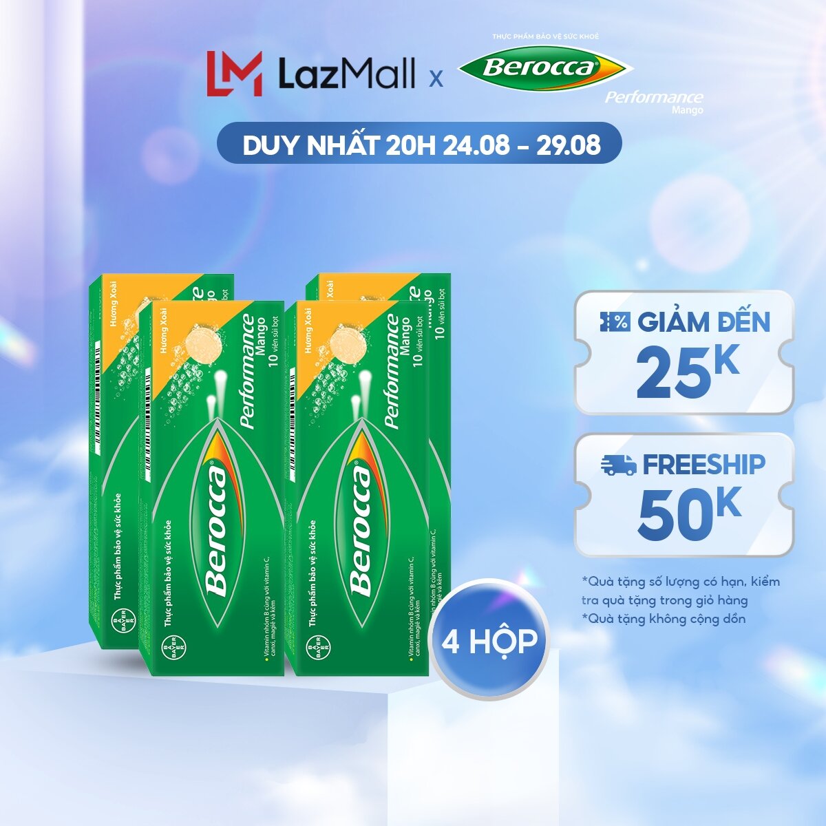 Combo 4 hộp Viên sủi bổ sung Vitamin Berocca Performance Mango 10 Viên/hộp