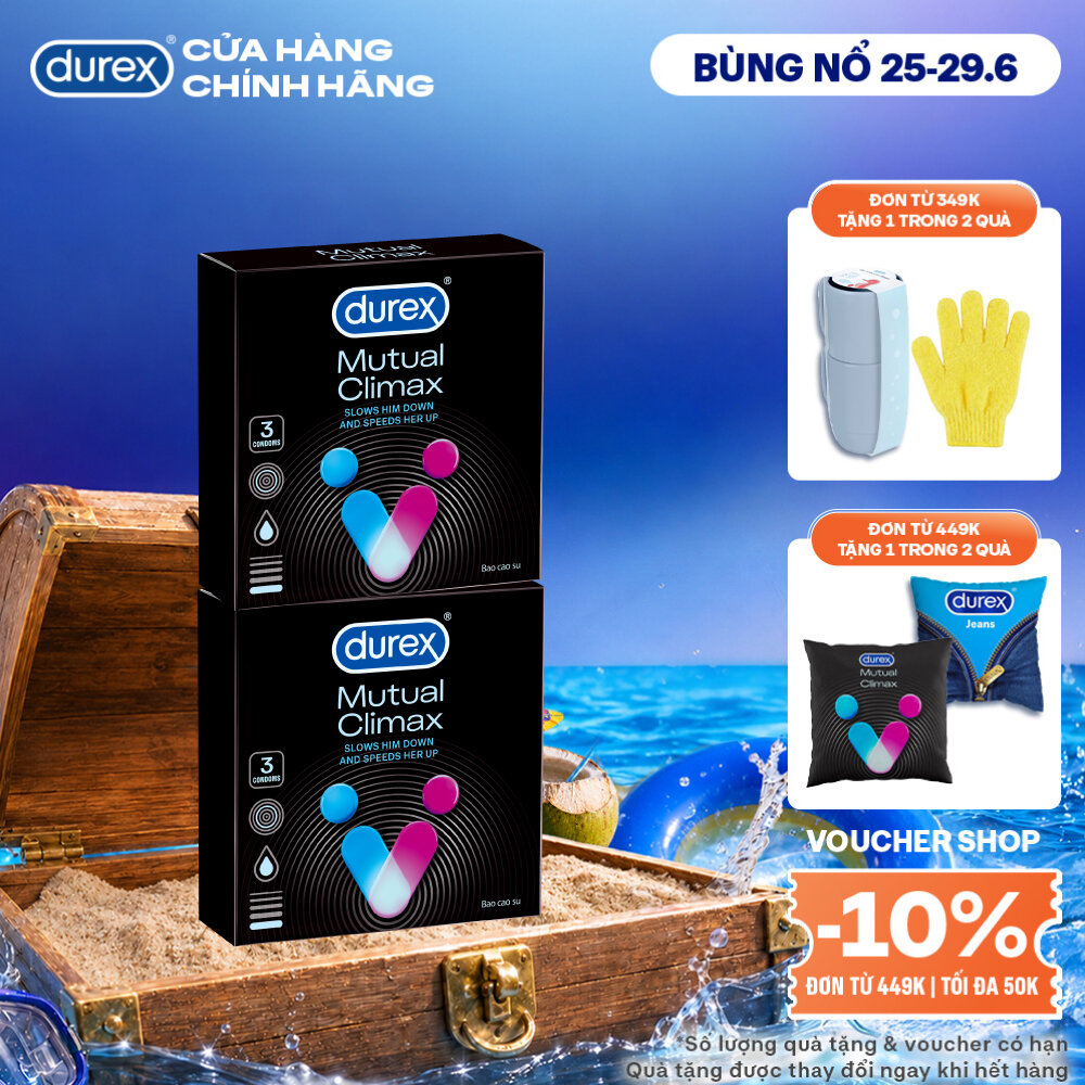 [SẢN PHẨM MỚI] Bộ 2 bao cao su Durex Mutual Climax kéo dài thời gian và gân gai, size 52.5 mm, hộp 3 bao
