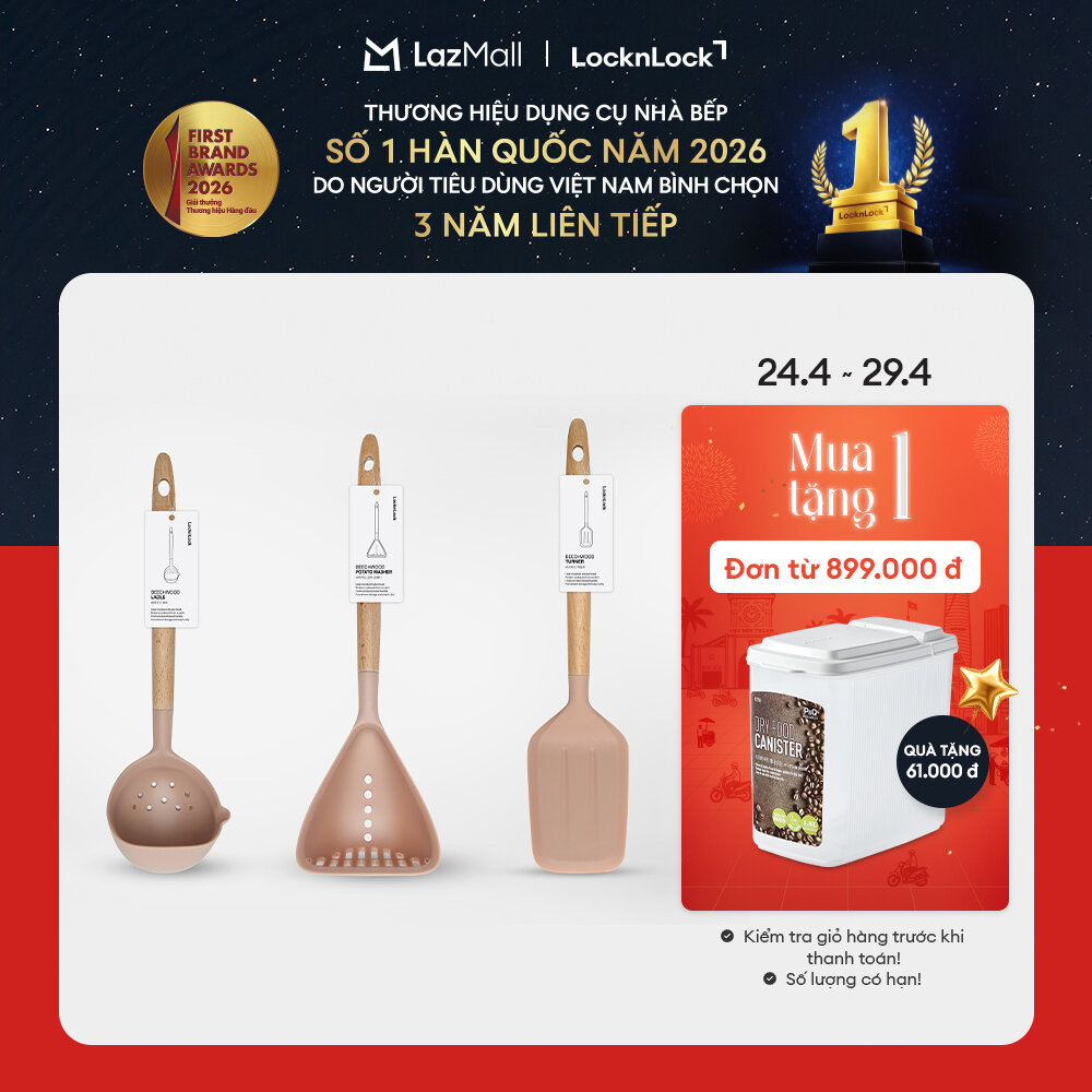 Dụng cụ nhà bếp LockLock xẻng lật thức ăn, muôi múc canh, dụng cụ nghiền rau củ quả bằng silicone chịu nhiệt CKT - Cán gỗ