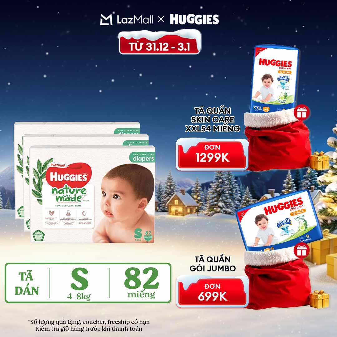   CHỈ 20h 31.12-03.01 QUÀ TẶNG ĐƠN 399K Combo 3 Tã Bỉm dán sơ sinh Huggies Platinum NatureMade S82  4-8kg -Gói Super Jumbo 82 miếng 