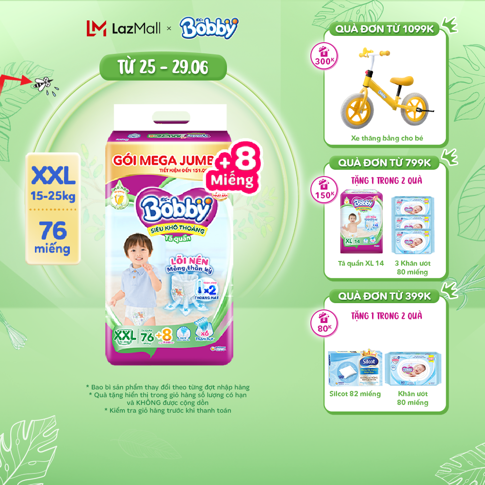 Tã/bỉm quần Bobby 3mm Gạo non XXL76