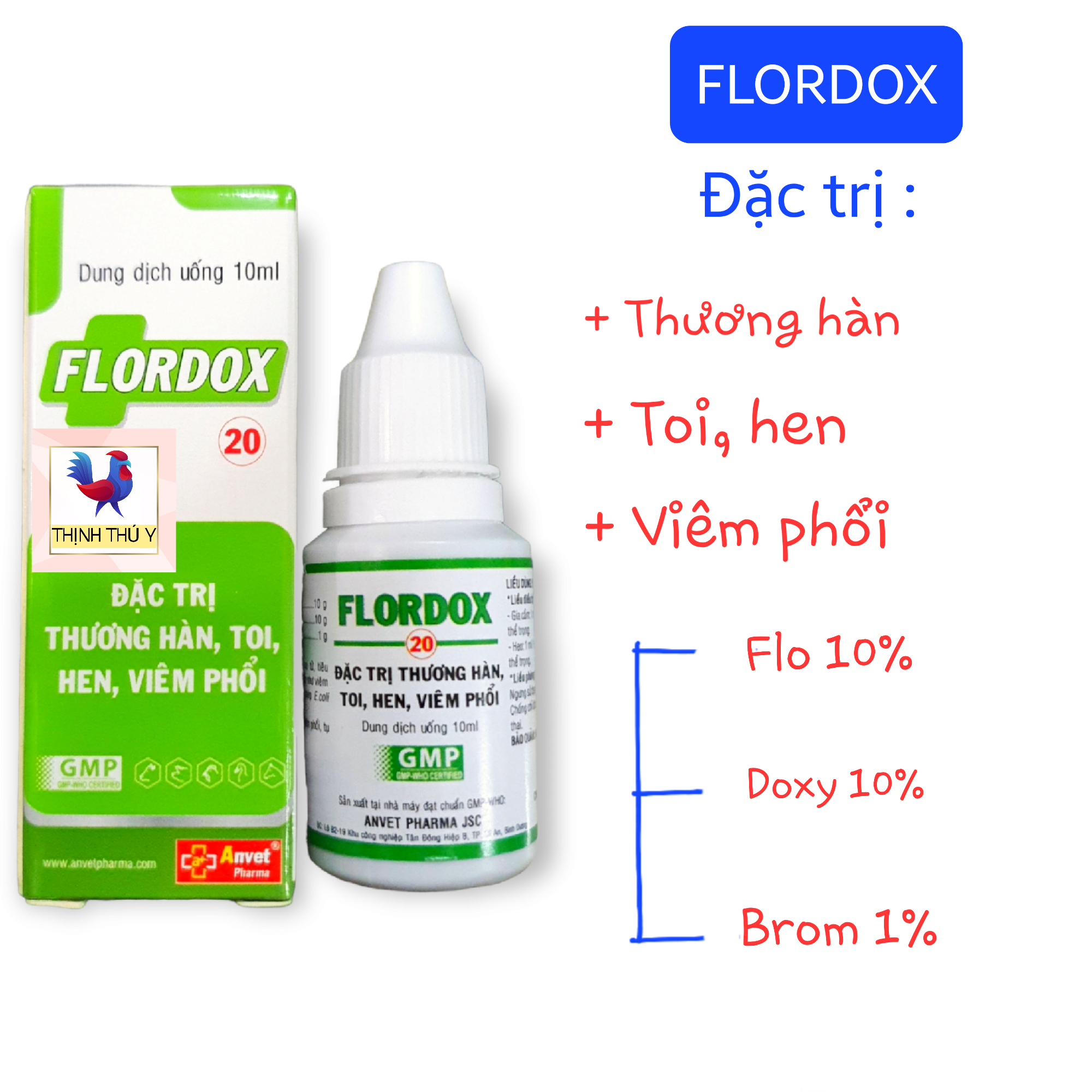 Anvet FLORDOX 20 (10ml) - Flodoxy + Brom đặc trị viêm phổi, toi hen, khẹc, thương hàn cho gà đá