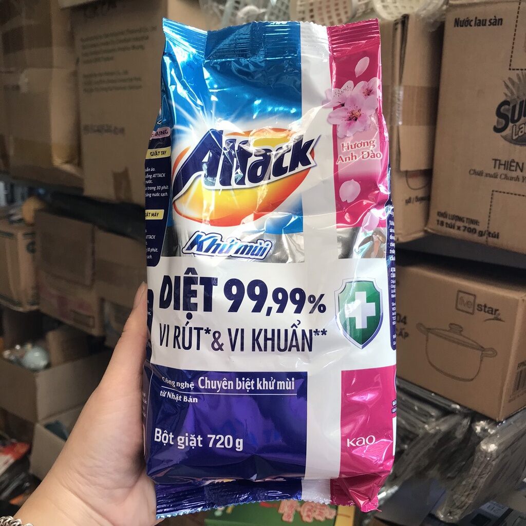 Mẫu mới bột giặt attack khử mùi mới hương hoa anh đào 720g