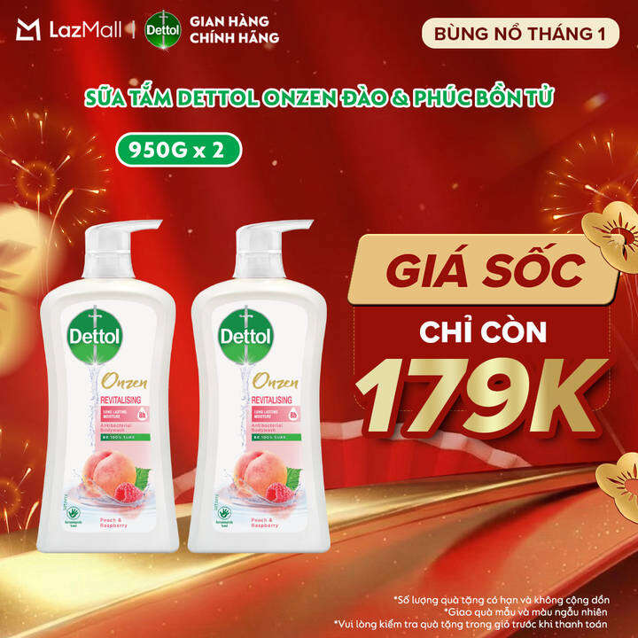 Combo 2 sữa tắm Dettol Onzen kháng khuẩn dưỡng ẩm đào & phúc bồn tử - 950g/chai