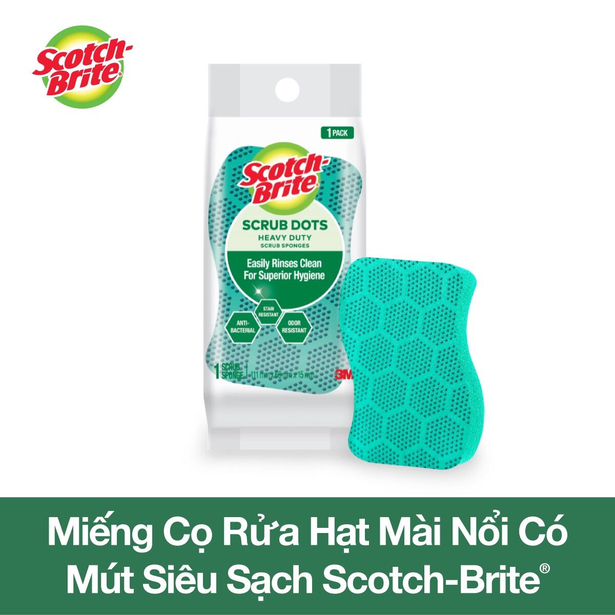 3M Miếng cọ rửa hạt nổi siêu sạch Scotch Brite, kháng khuẩn và ngăn chặn sự phát triển vì khuẩn (bịch 1 miếng)