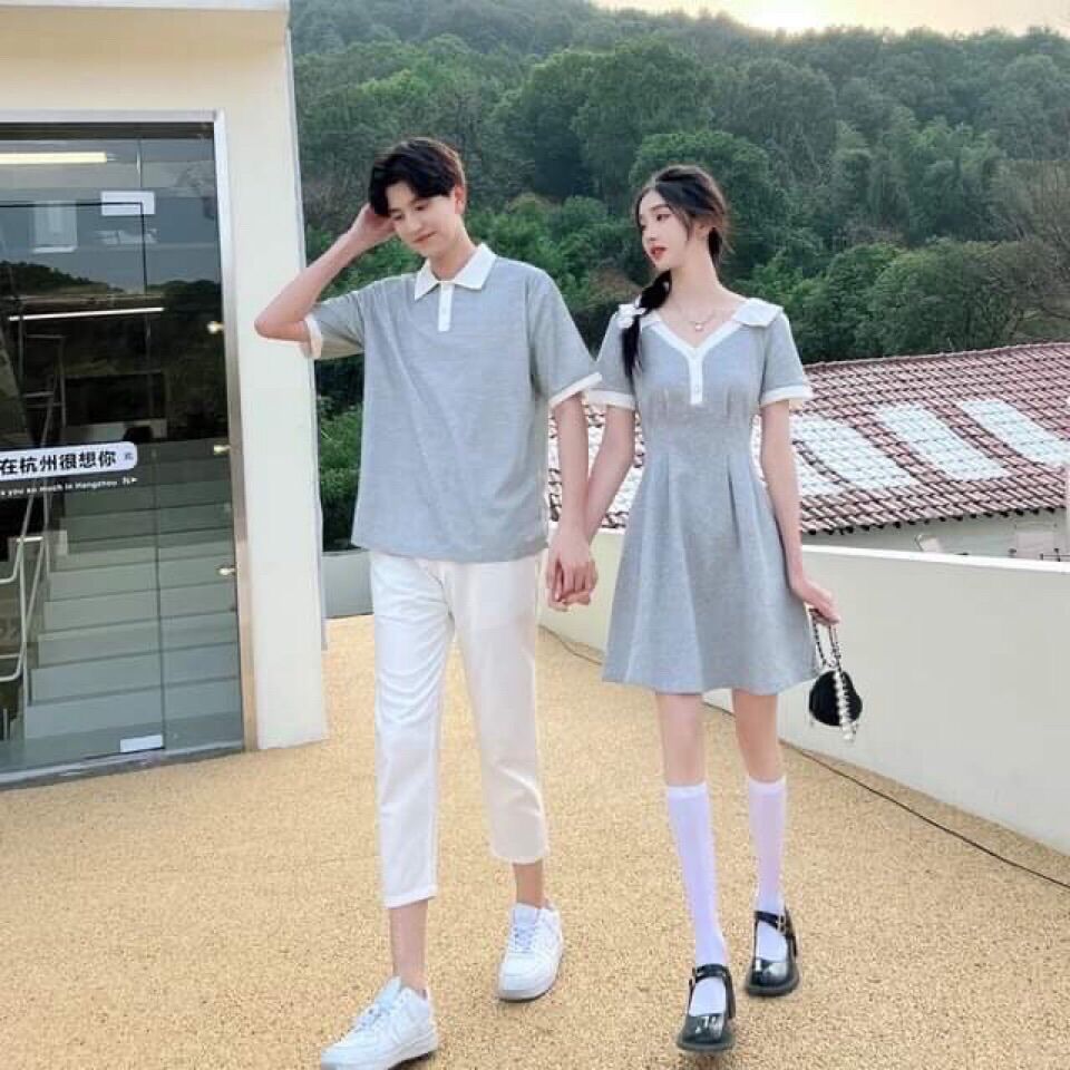 Set đồ đôi màu xám phối nơ trắng sau lưng dễ thương