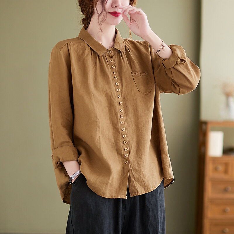 Áo Sơ Mi Dài Tay Vải Lanh Nghệ Thuật Cổ Điển Mẫu Mới Mùa Xuân 2023 Áo Cotton Lanh Dễ Phối Dáng Gầy Cỡ Lớn Rộng Rãi Cho Nữ