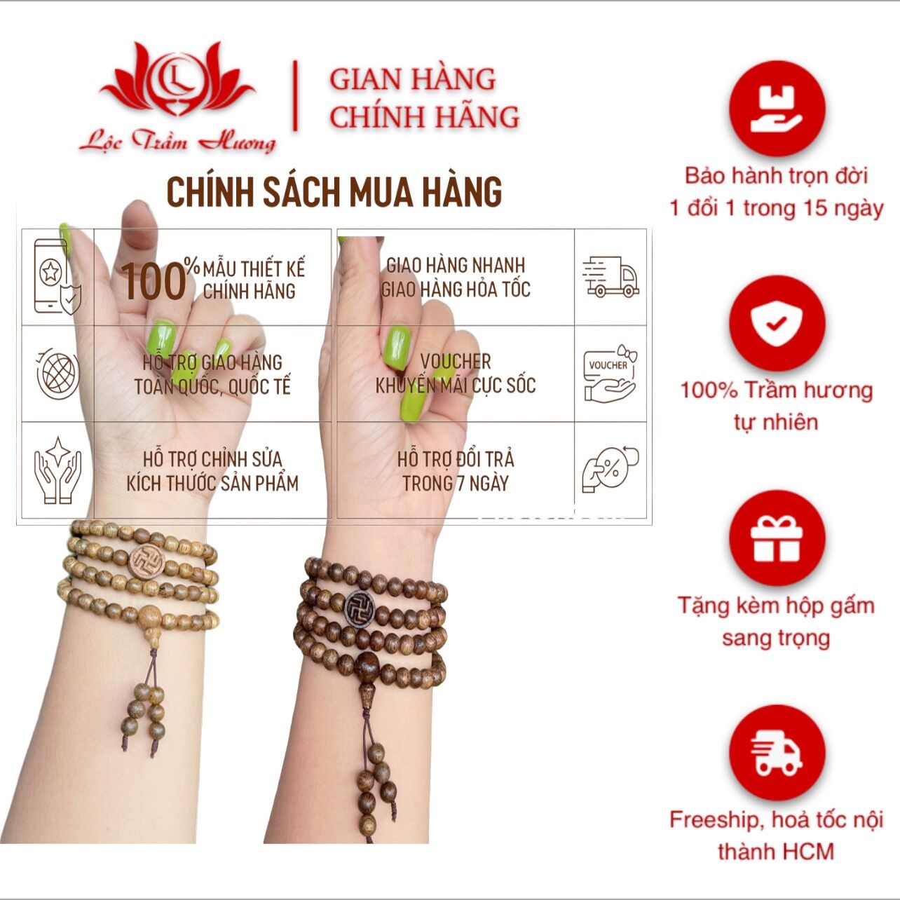Chuỗi vòng tay trầm hương 108h 6li mix charm cữ thập may mắn