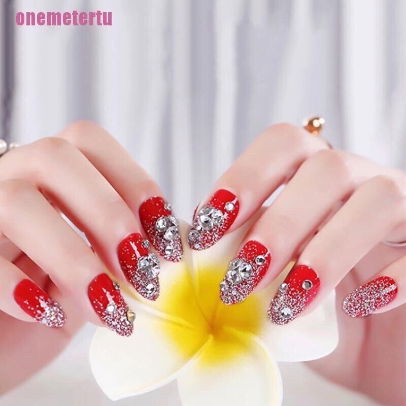 Bộ 24 Móng Tay Giả Màu Đỏ Đính Đá Cực Sang