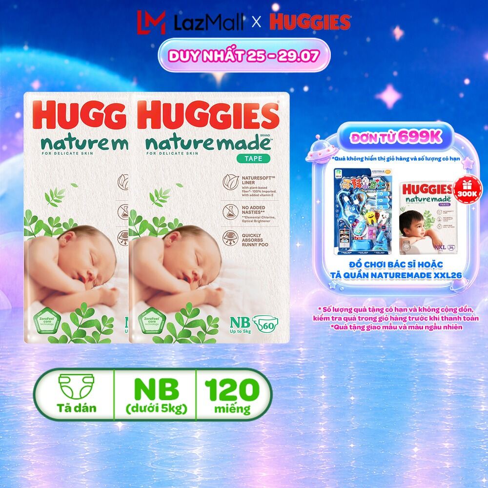 Combo 2 Tã/Bỉm dán Huggies NatureMade NB60/S82/M64/L54/XL44