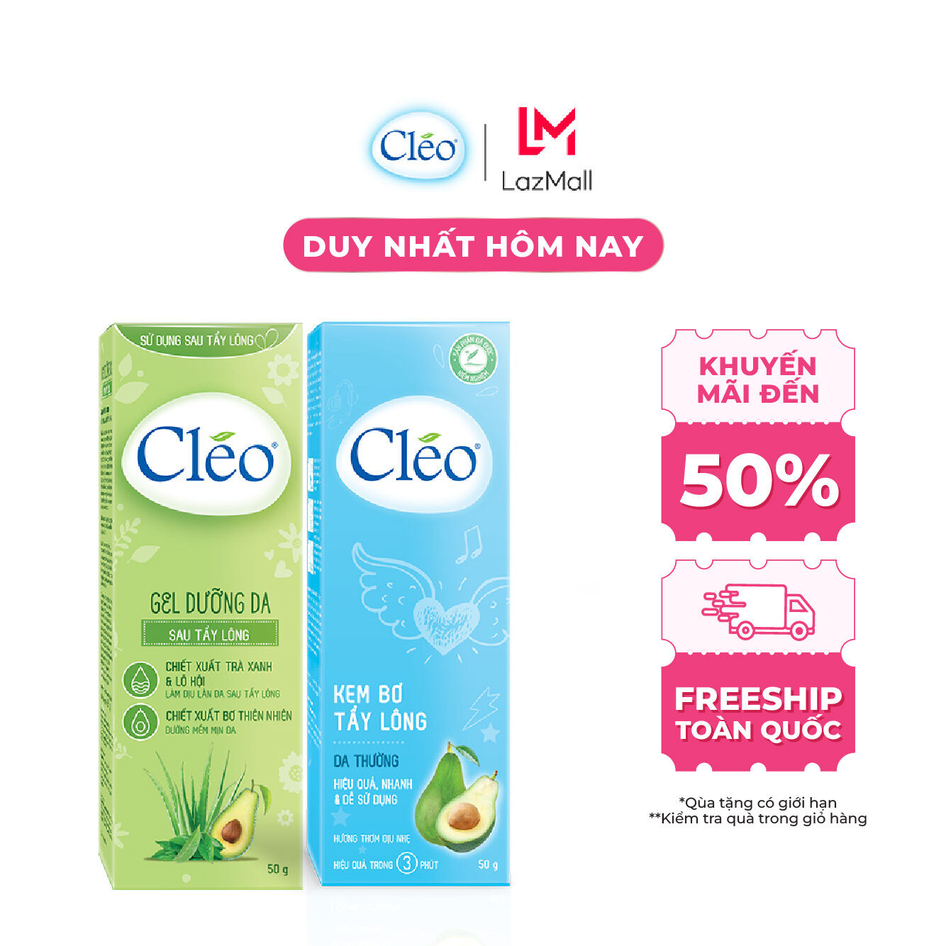 Combo Kem bơ tẩy lông Cléo cho da thường 50G & Gel dưỡng sau tẩy 50G - sạch lông sáng mịn, an toàn-không đau-hiệu quả-nhanh trong 3 phút