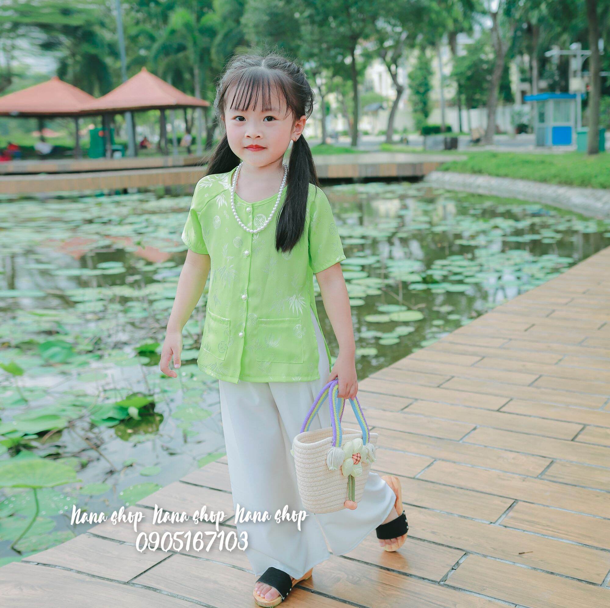 Bộ Bà ba bé gái áo gấm quần lụa mềm mát size 8 - 35ky