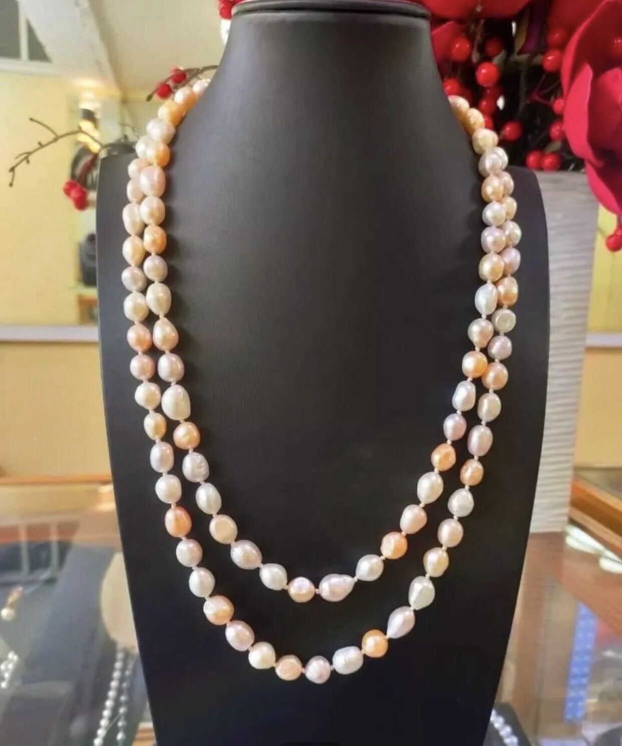 Chuỗi cổ ngọc trai nuôi nước ngọt tự nhiên, hạt thô 8-9ly, dáng dài 120cm, cuốn 2 tầng