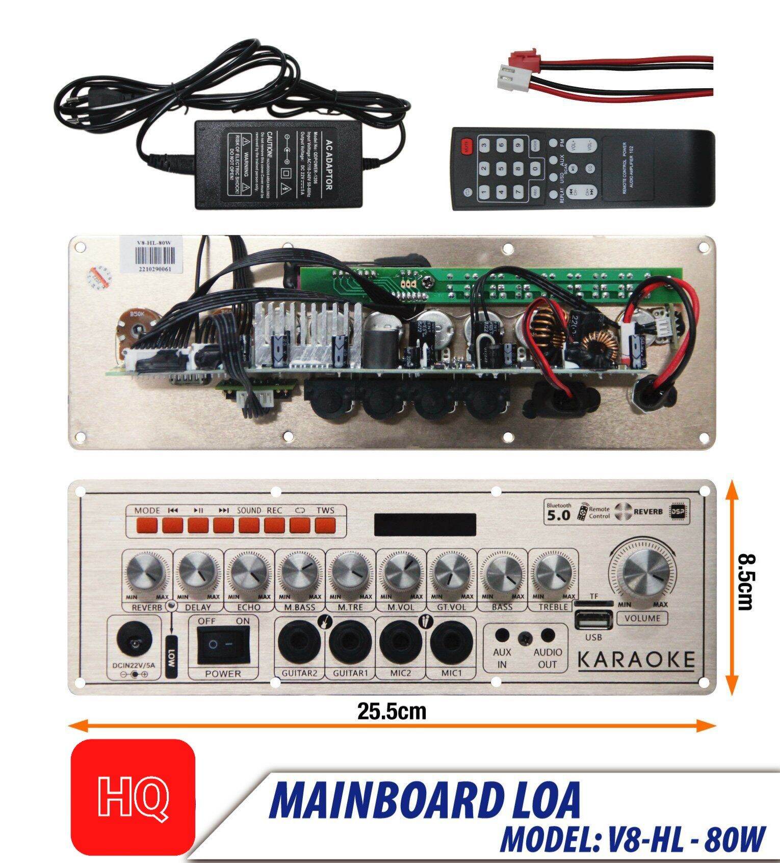 Mạch loa kéo v8-hl 80w, 1 kênh có reverb