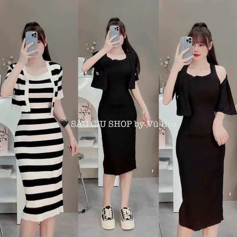 Set đầm thun gân kèm áo khoác tay ngắn xinh sọc