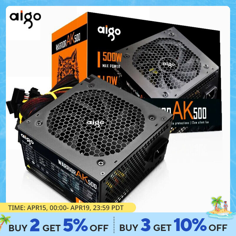 Aigo ak 500w bộ nguồn máy tính đen chơi game êm 120mm rgb quạt 24pin 12v atx máy tính để bàn nguồn điện máy tính với pfc thụ động