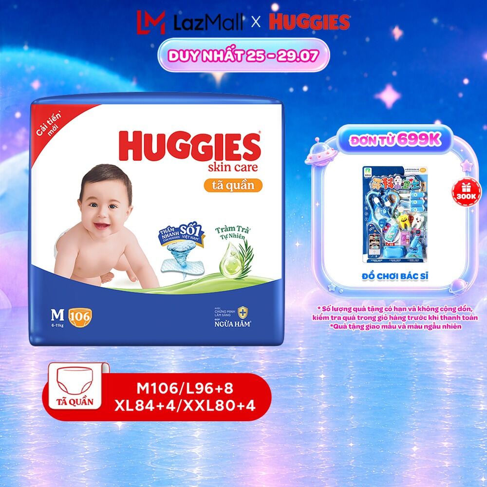 Tã quần Huggies Skincare Mega Jumbo M106/L100+4/XL84+4/XXL76+4 với tràm trà dịu da
