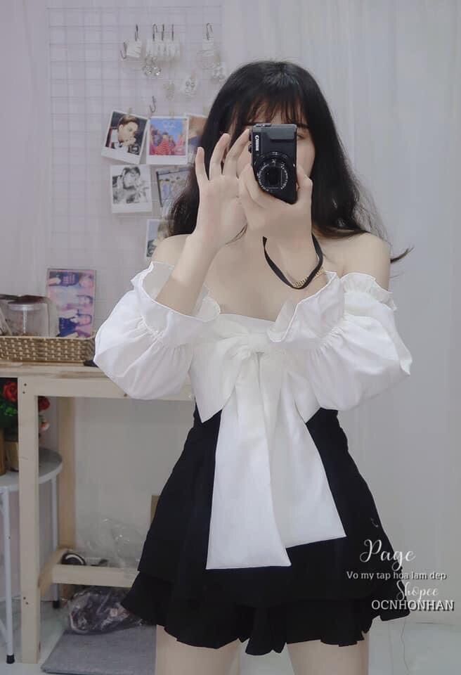 Set áo bẹt vai nơ chân váy tầng