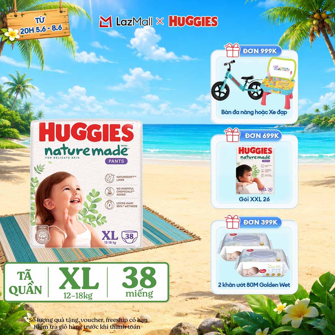 [CHỈ 9-10.6 QUÀ TẶNG ĐƠN 399K](Mua 1 tặng 1) Tã/Bỉm quần HUGGIES PLATINUM NatureMade XL38 (12-18kg)-Gói Jumbo 38 miếng