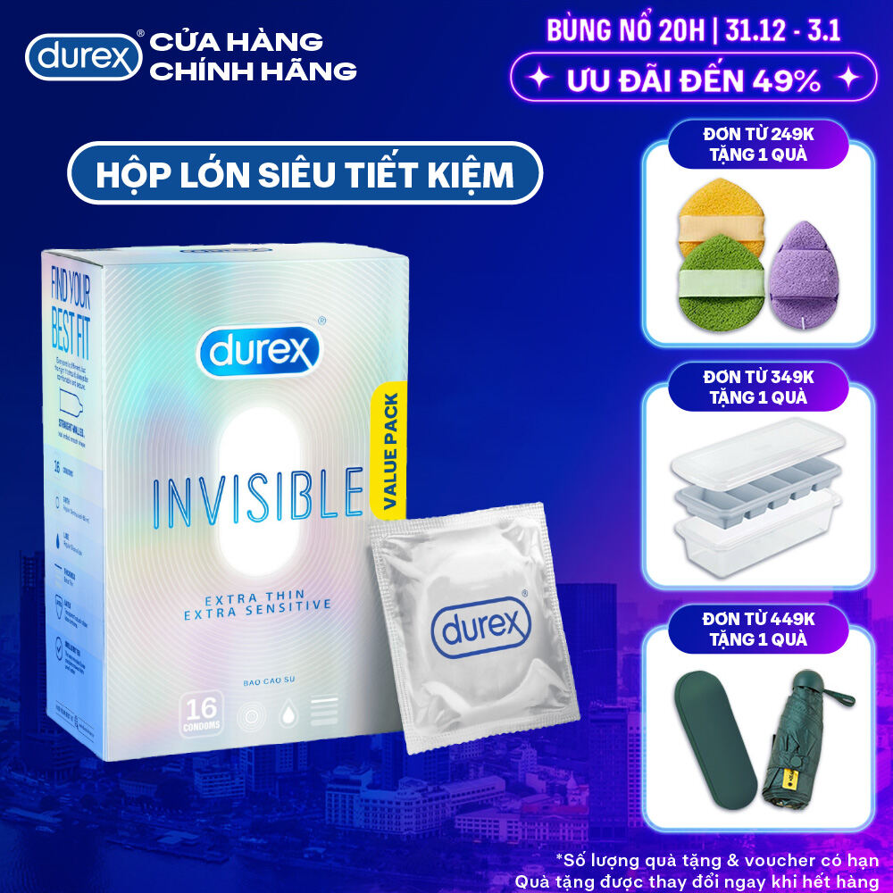  Bao Cao Su Durex Invisible Siêu Mỏng Size 52 mm Hộp 16 Bao Mới Ra Mắt - Hộp Lớn Siêu Tiết Kiệm 