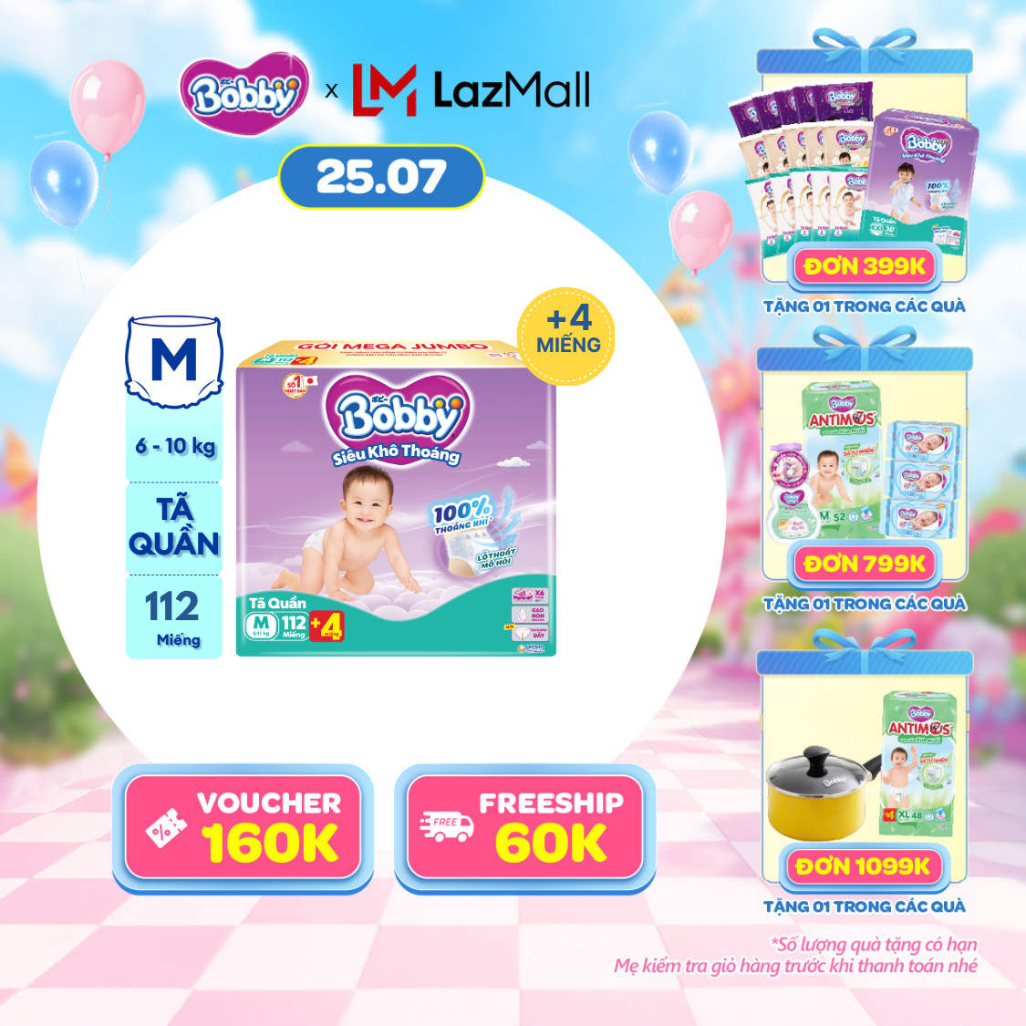 [SALE CUỐI THÁNG QUÀ TO][TẶNG MIẾNG NGẪU NHIÊN] Tã quần Bobby Siêu Khô Thoáng - 100% Thoáng Khí Mega Jumbo M112 (số miếng tặng thay đổi theo từng đợt nhập hàng)