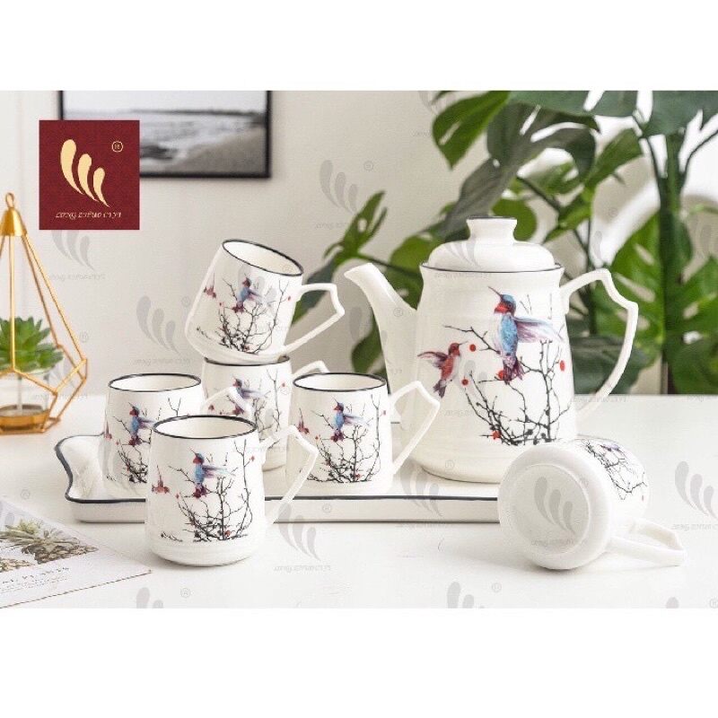 Bộ ấm chén họa tiết chim én, Bộ ấm trà, ấm chén uống nước hiện đại và sang trọng. Ấm chén sứ cao cấp, ấm chén kiểu dáng hàn quốc