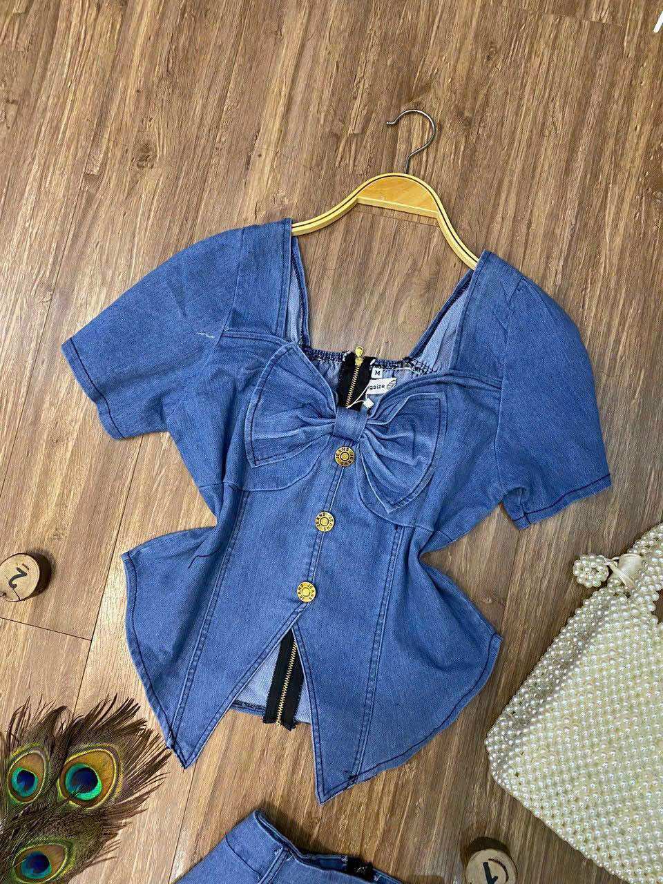 (SHOP TÁO ĐỎ BIGSIZE 50KG ĐẾN 90KG) set jean áo nơ chân váy dài