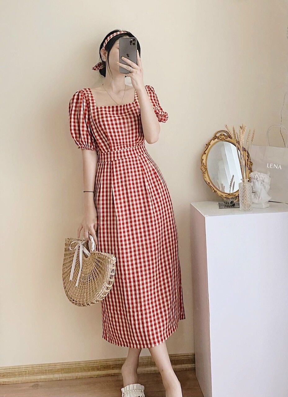 Đầm tiểu thư caro đỏ CR5